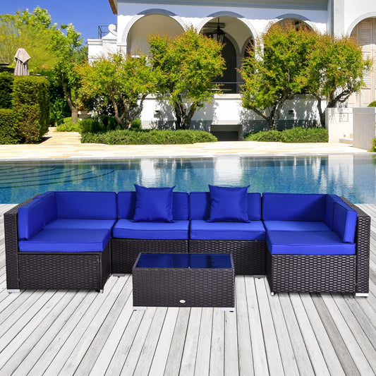 Outsunny 7 Pieces Outdoor Rattan Furniture Set, Patio Wicker Sectional Conversation Sofa Set with Cushions and Coffee Table, Blue | Aosom Canada