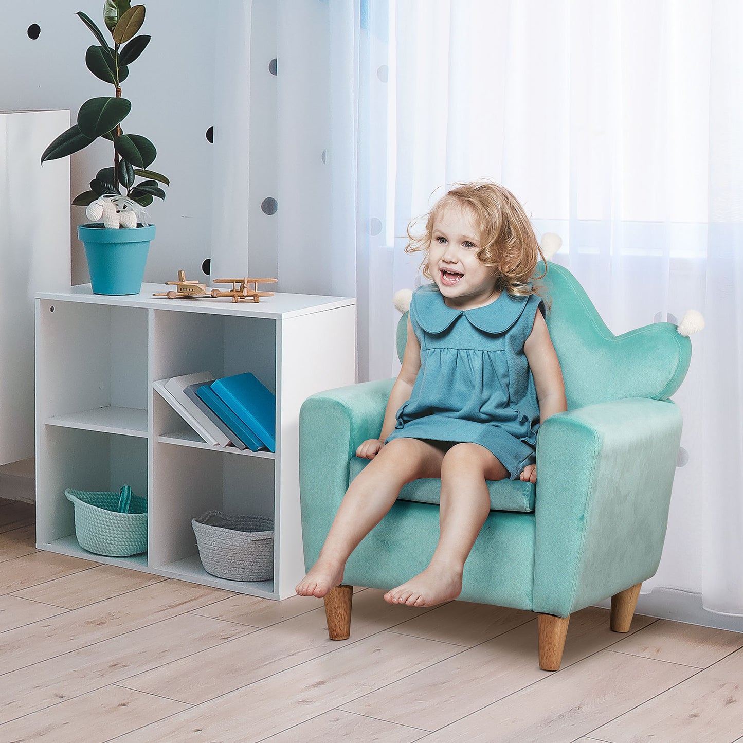 Qaba Kids Sofa, Armrest Chair for Preschool, Toddler Couch for Kids Room, Kindergarten, Dutch Velvet, Eucalyptus Wood, Light Blue | Aosom Canada