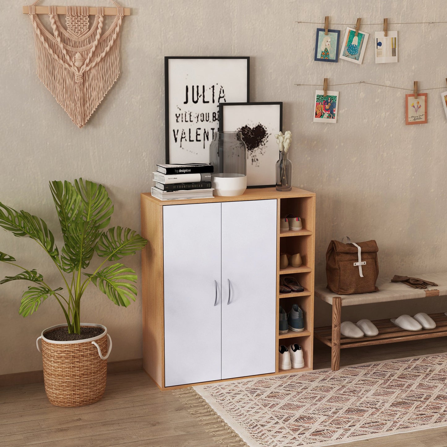 HOMCOM 35.75 Inch Free Standing Storage Cabinet Living Room Entryway Organizer Hallway Closet w/ Adjustable Open Shelf White/Wood | Aosom Canada