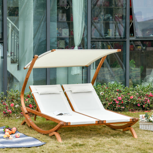Outsunny Loveseat Lounge Chair with Adjustable Canopy Shade and 3-Level Backrest Removable Pillows for Patio Poolside Wood Frame Beige | Aosom Canada