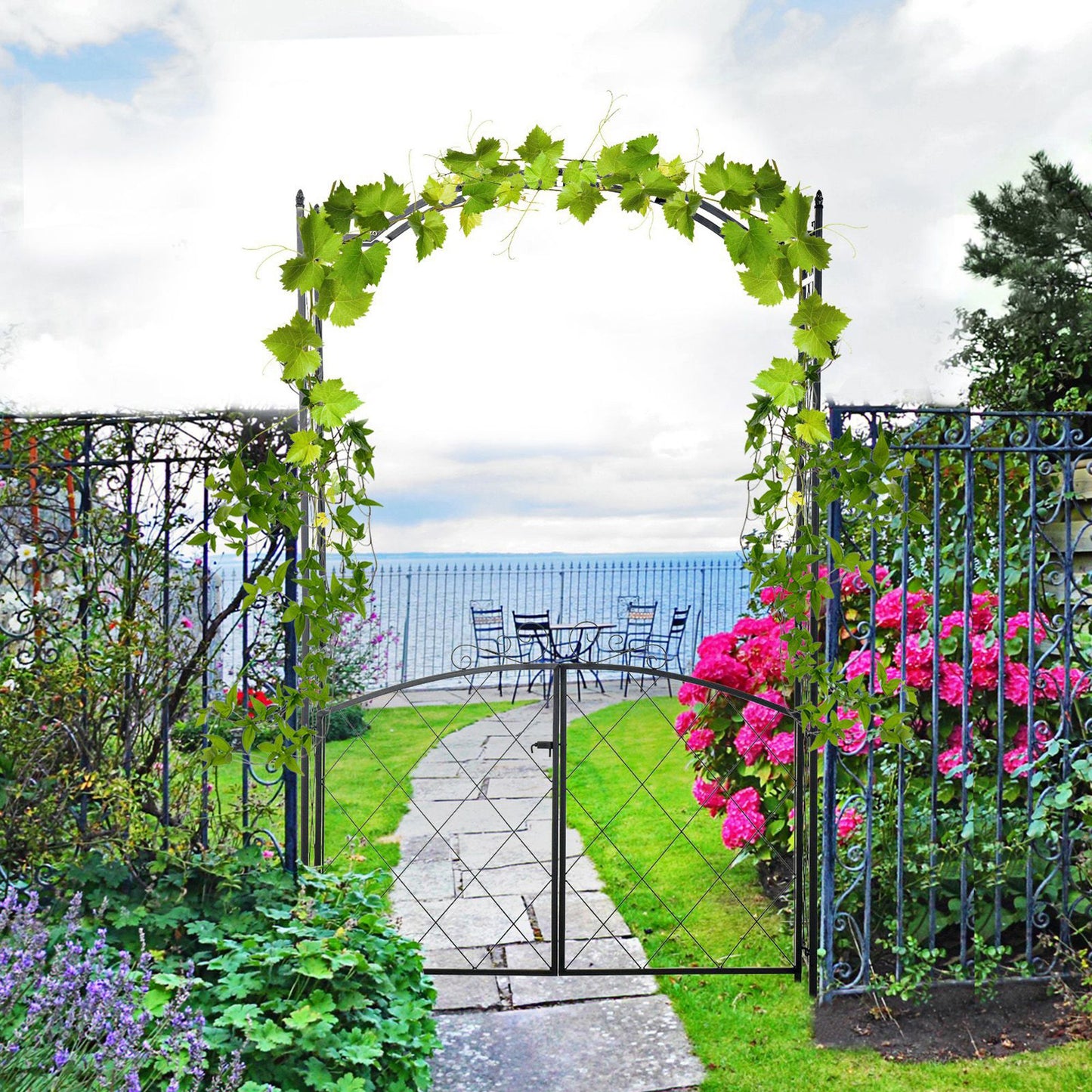 Outsunny 84.75" x 19" Metal Garden Arch with Gate Climbing Planter Frame Backyard Decor for Vines Morning Glory Black | Aosom Canada