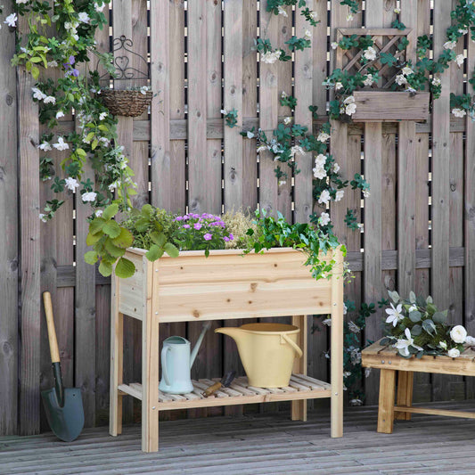 Outsunny Wooden Raised Garden Bed Standing Elevated Planter Box with Storage Shelf, 36"L x 16"W x 32"H, Natural | Aosom Canada