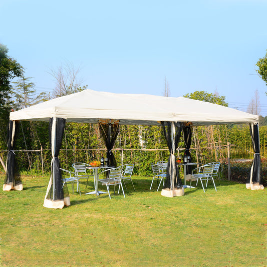 Outsunny 10x20ft Pop Up Party Tent Gazebo Canopy w/ 6 Removable Mesh Sidewalls and Carry Bag Beige | Aosom Canada