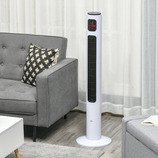 HOMCOM Freestanding Tower Fan Cooling for Home Bedroom with Oscillating, 3 Speed, 12h Timer, LED Sensor Panel, Remote Controller, White | Aosom Canada