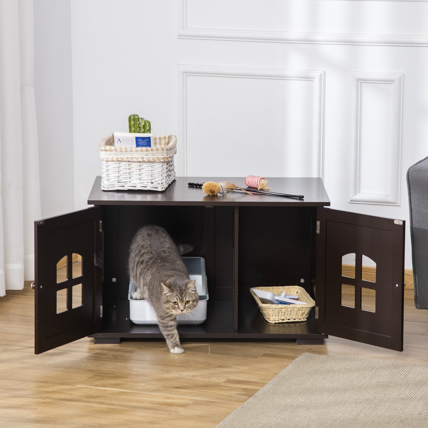 PawHut Cat Litter Box Enclosure Hidden Cat Furniture Cabinet Indoor Cat Washroom Double-door Nightstand End Table, Coffee | Aosom Canada