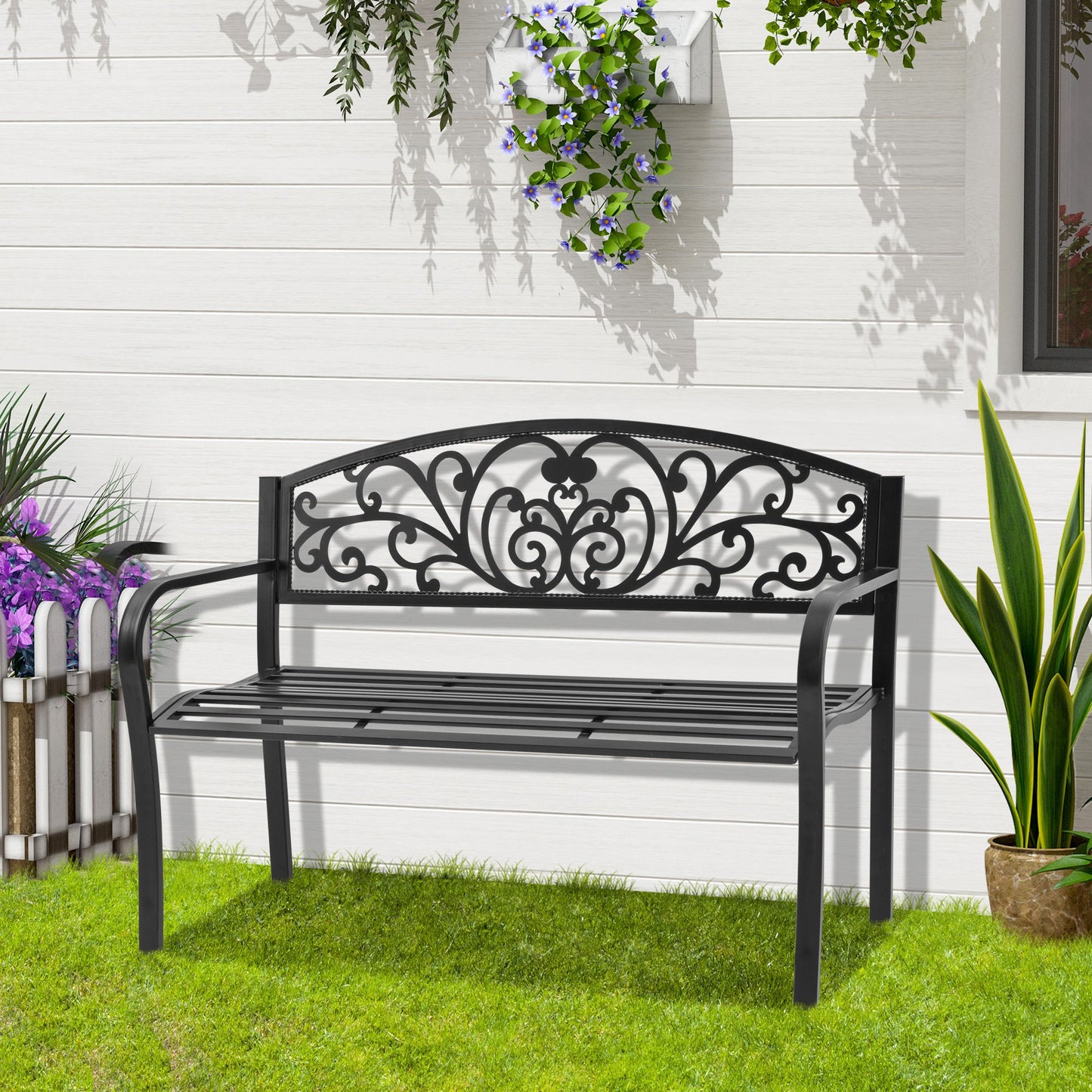 HOMCOM Steel Garden Bench for Outdoor, 2-person Patio Bench, Floral Rose Accent, Loveseat Furniture, Bronze | Aosom Canada