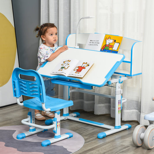 Qaba Kids Desk and Chair Set Height Adjustable Student Writing Desk with LED Lamp, Bookshelf, Drawer, Reading Board, Pen Slot, Blue | Aosom Canada