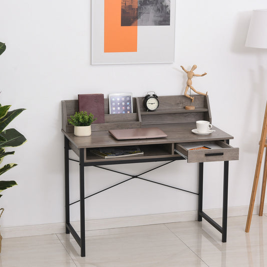 HOMCOM Study Desk w/ Open Shelves Drawer Writing Table Computer Desk Industrial Design Furniture for Home Office & Study Use Grey | Aosom Canada