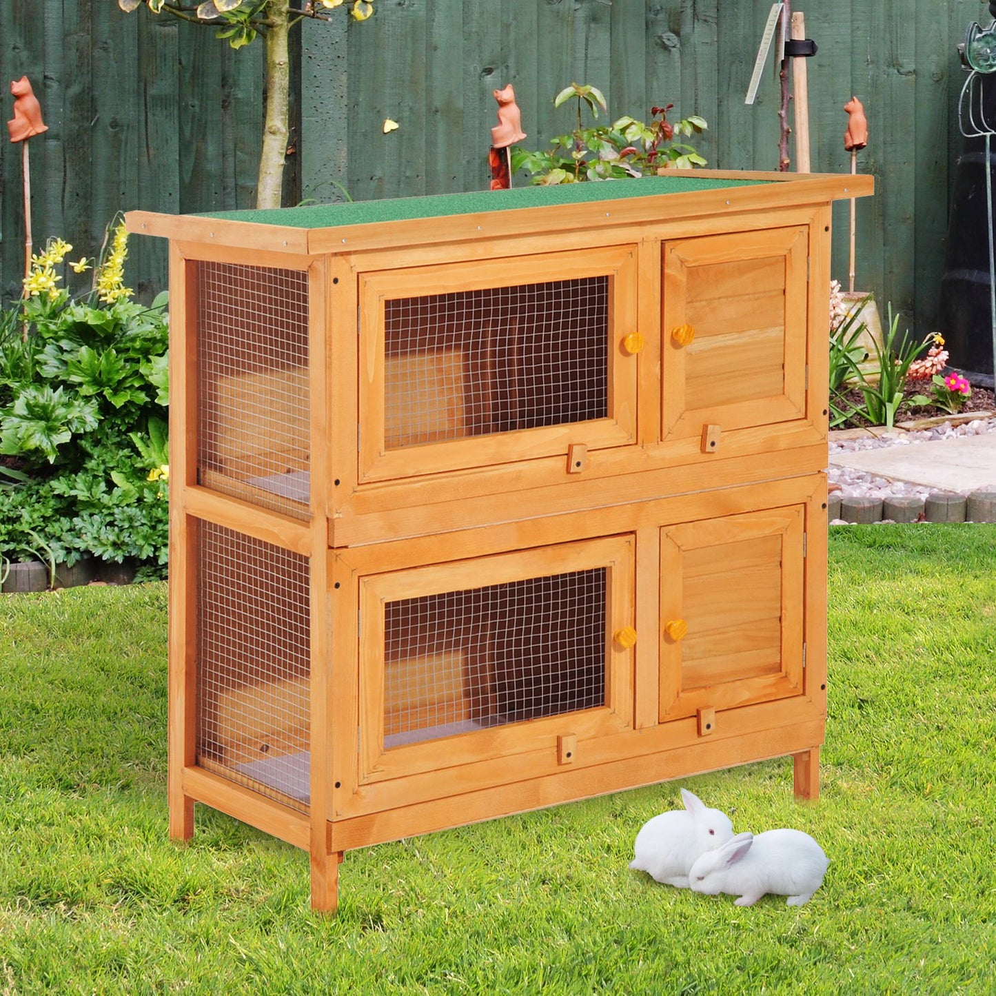 PawHut 2-Tier Wooden Rabbit Hutch Small Animal House Bunny Pet Cage with 2 Main Rooms, Sliding Tray, Opening Top, Yellow | Aosom Canada