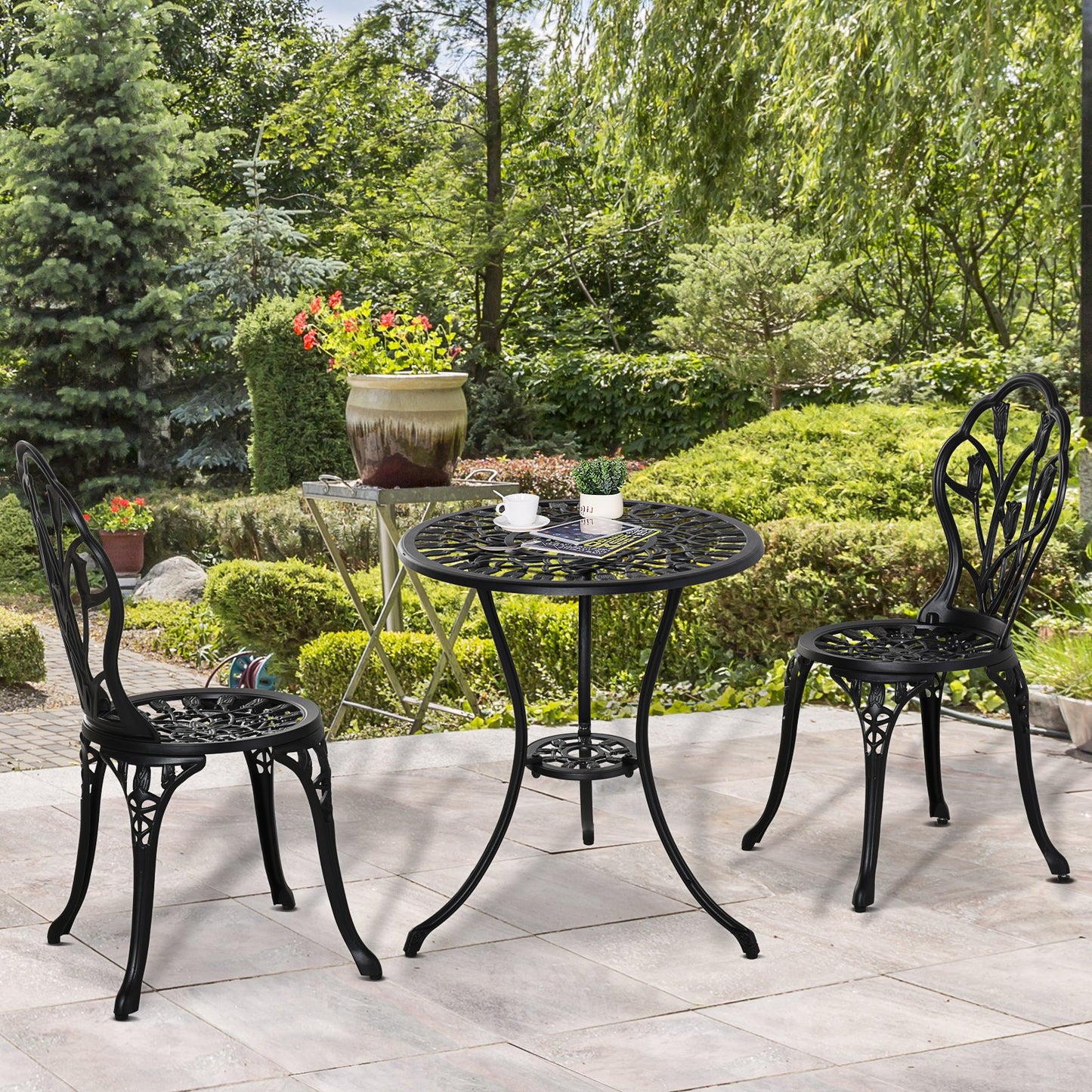 Outsunny 3PCs Patio Bistro Set, Outdoor Cast Aluminum Garden Table and Chairs with Umbrella Hole for Balcony, Black | Aosom Canada