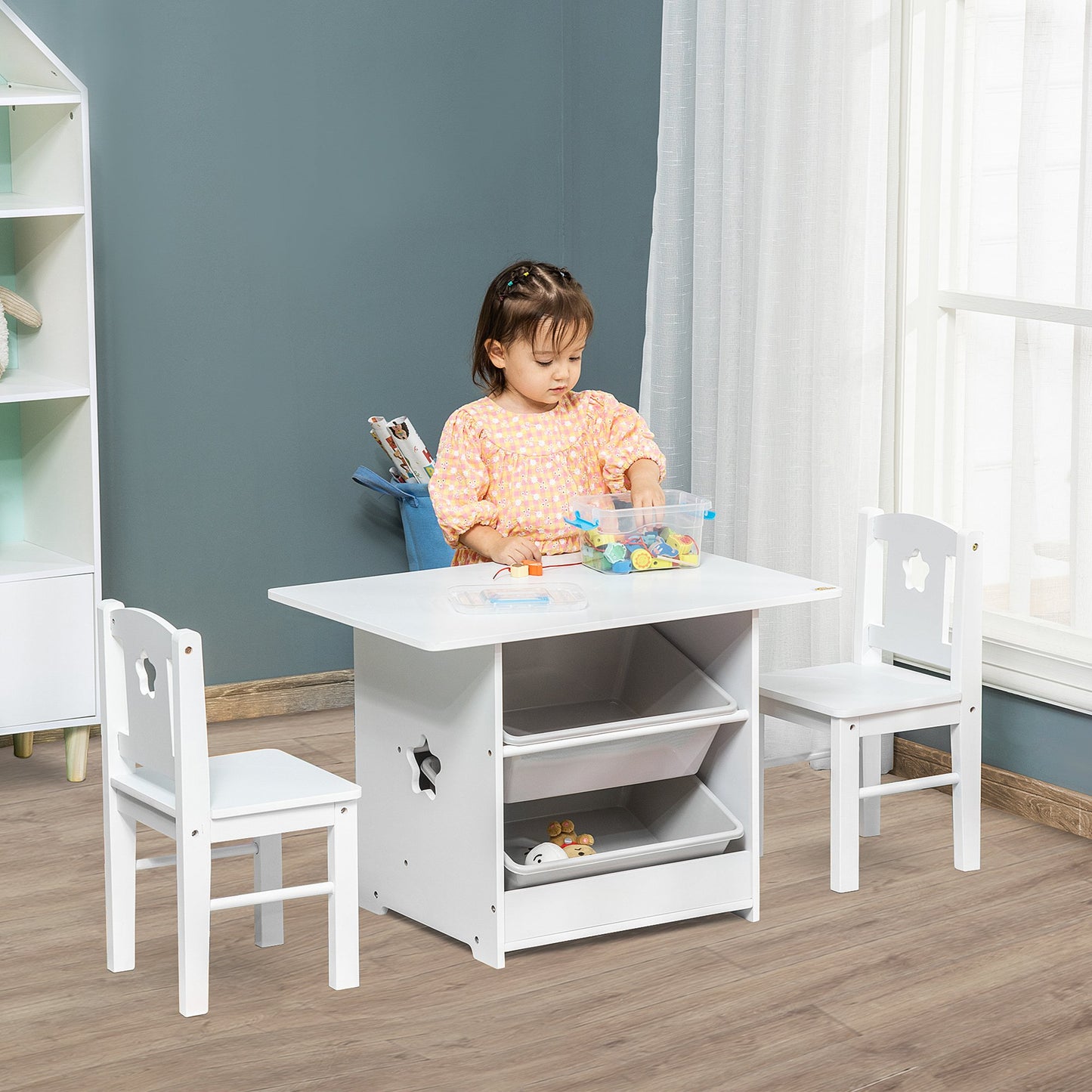 Qaba 3-Piece Kids Table and Chair Set Writing Desk with Storage Boxes Hollow Star Design for Toddler Activities 2-4 Years old, White | Aosom Canada