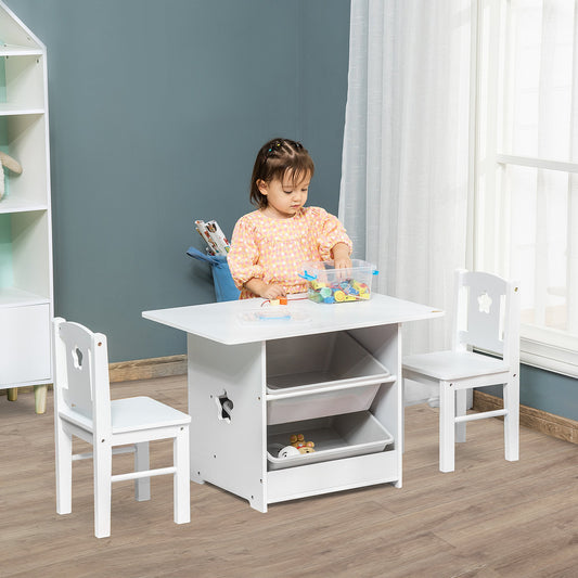 Qaba 3-Piece Kids Table and Chair Set Writing Desk with Storage Boxes Hollow Star Design for Toddler Activities 2-4 Years old, White | Aosom Canada
