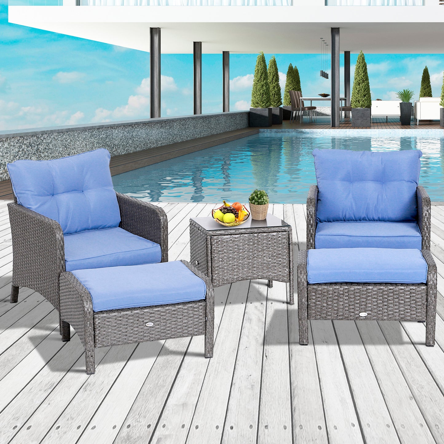Outsunny 5pcs Patio Rattan Furniture Set Tea Table Footstool w/ Cushion | Aosom Canada
