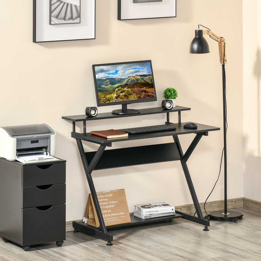 HOMCOM Industrial Computer Desk with Monitor Shelf and Storage, R Shaped Gaming Study Writing Table for Home Office, Black | Aosom Canada