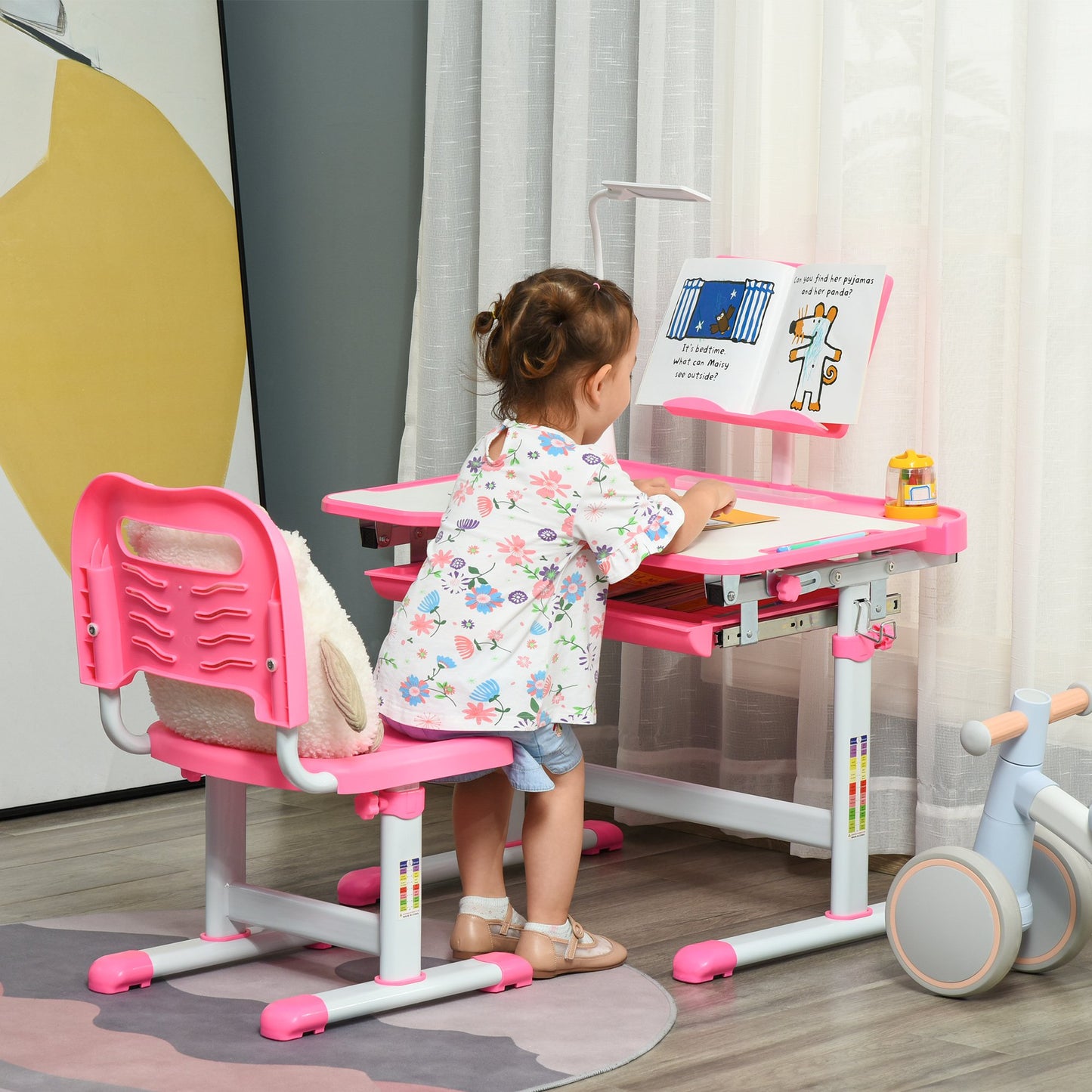 Qaba Kids Desk and Chair Set Height Adjustable Student Writing Desk with Tilt Desktop, LED Lamp, Reading Board, Pen Slots, Pink | Aosom Canada