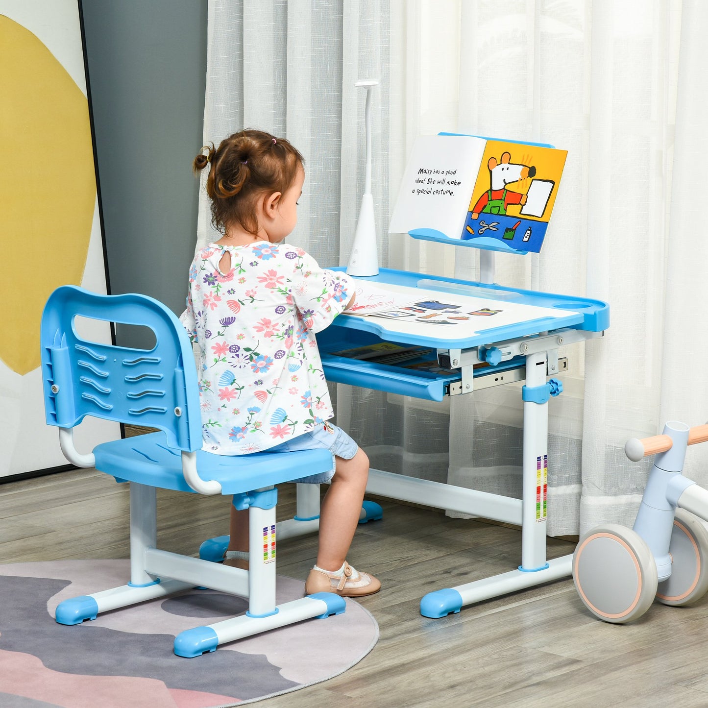Qaba Kids Desk and Chair Set Height Adjustable Student Writing Desk with Tilt Desktop, LED Lamp, Reading Board, Pen Slots, Blue | Aosom Canada