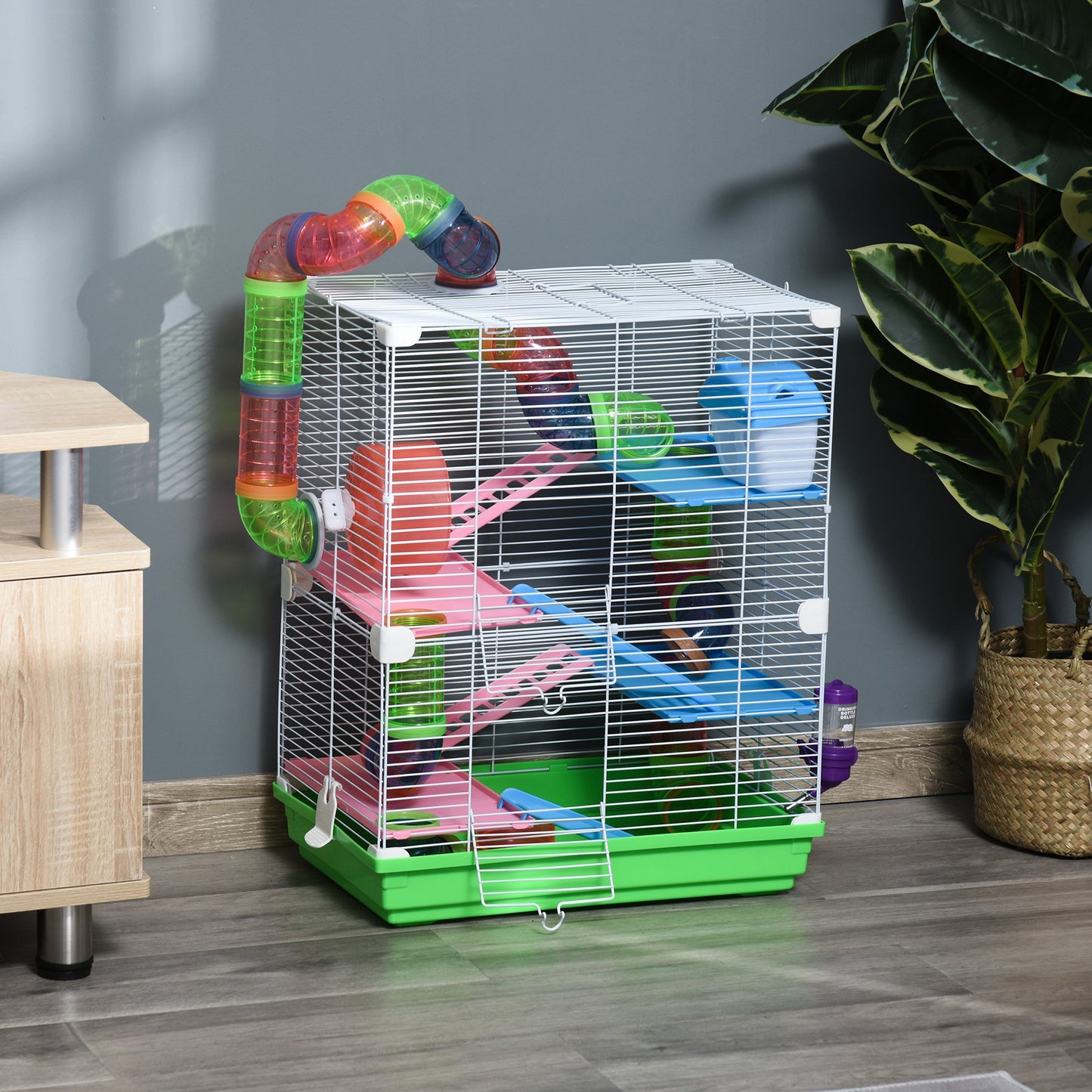 PawHut 5 Tiers Hamster Cage Portable Animal Travel Carrier Habitat with Exercise Wheels Play Tube Water Bottle, Green | Aosom Canada