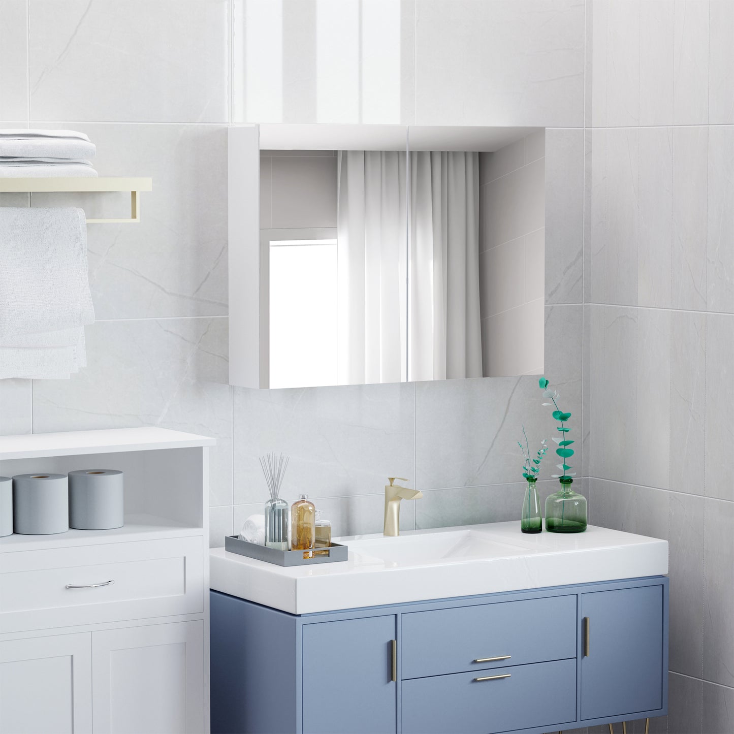 HOMCOM Bathroom Mirror Cabinet, Wall-Mounted Storage Organizer with Double Doors, Adjustable Shelf, White | Aosom Canada