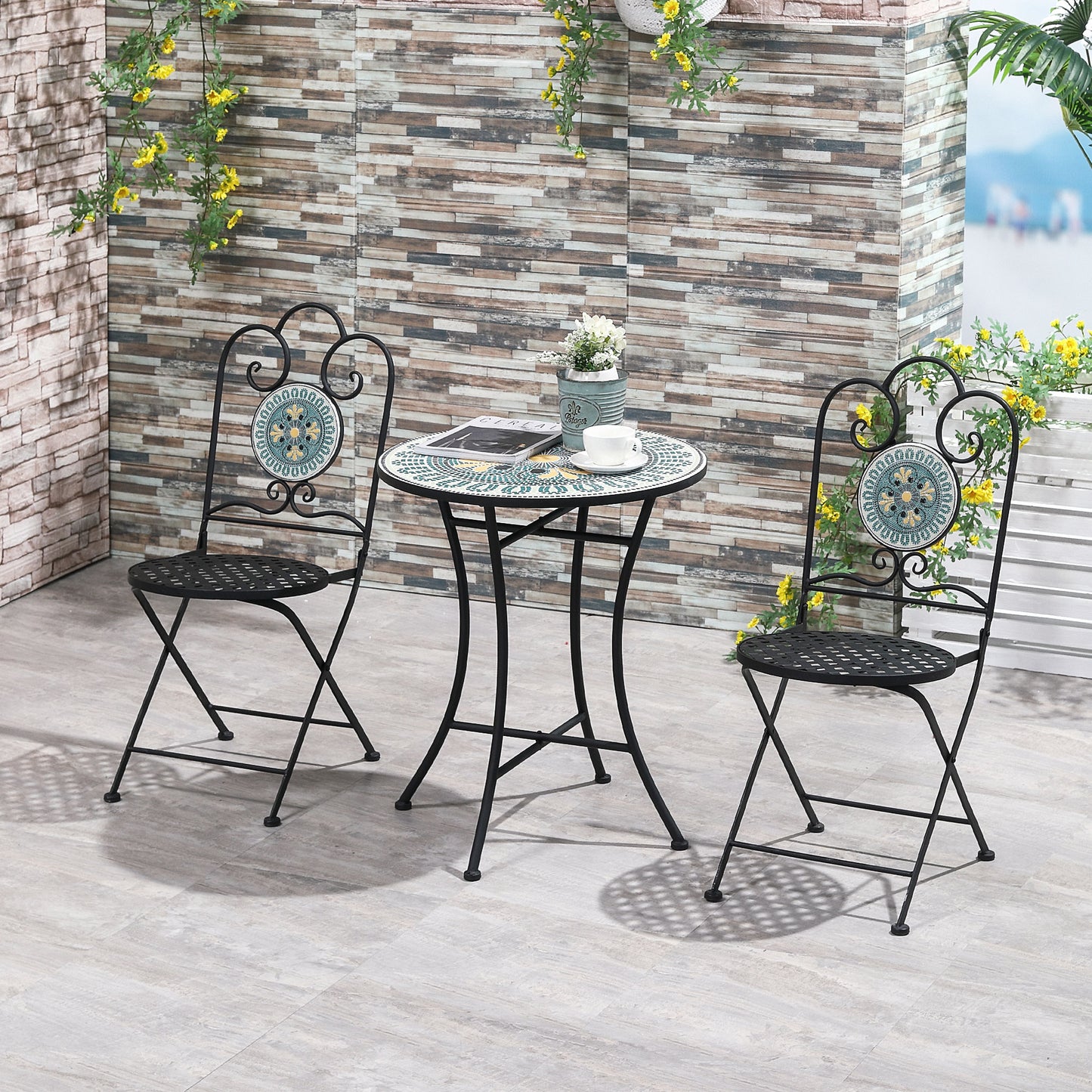 Outsunny 3-Piece Patio Bistro Set with Folding Chairs, Outdoor Coffee Set with Mosaic Top for Backyard, Balcony, Poolside, Green | Aosom Canada