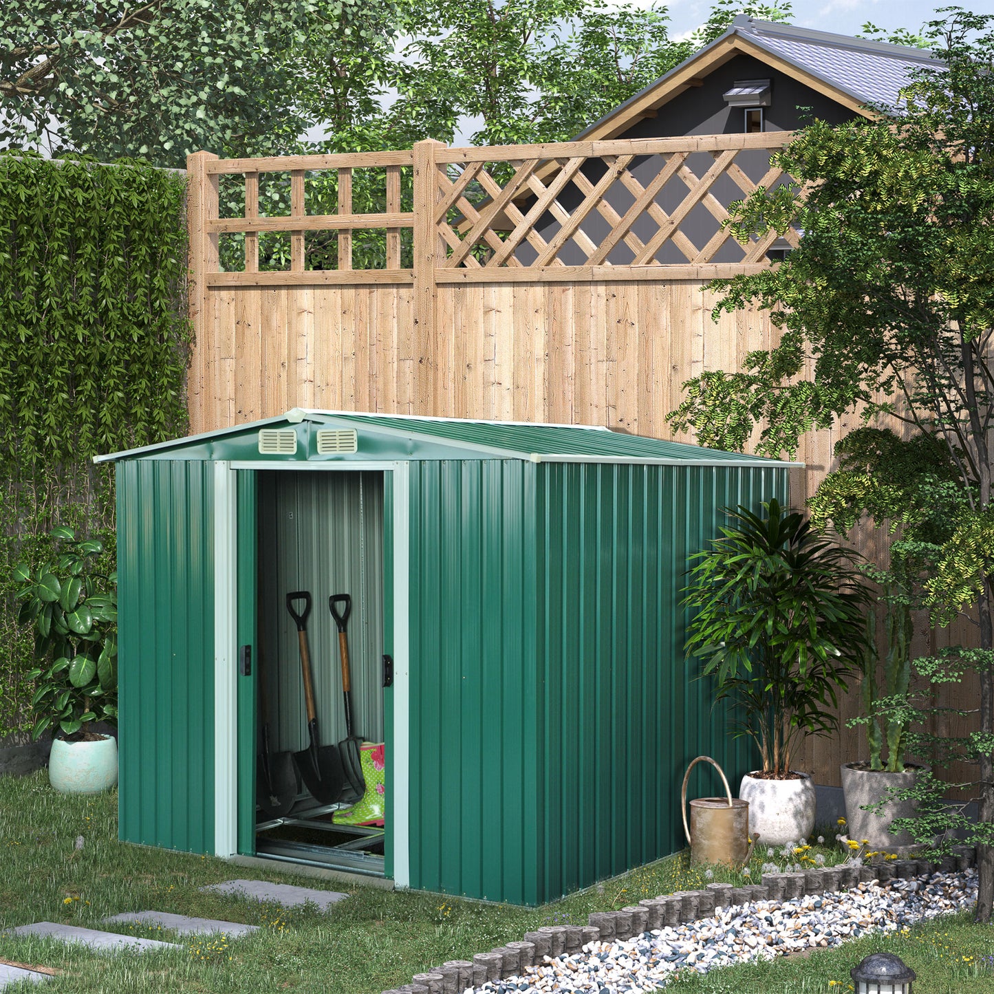 Outsunny 8.5' x 6.8' x 5.8' Practical Backyard Garden Storage Tool Shed Double Sliding Door 4 Ventilation Slotsm, Green | Aosom Canada