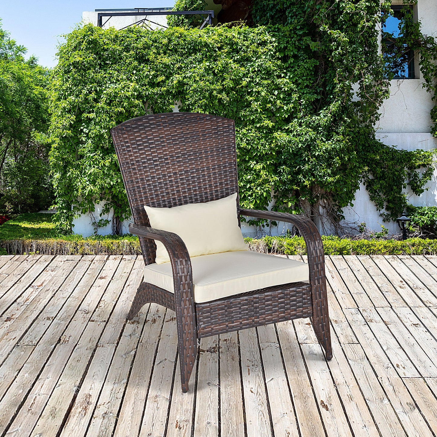 Outsunny Outdoor Classic Rattan Adirondack Deck Chair Armrest Lounge Chair with Cushion White | Aosom Canada