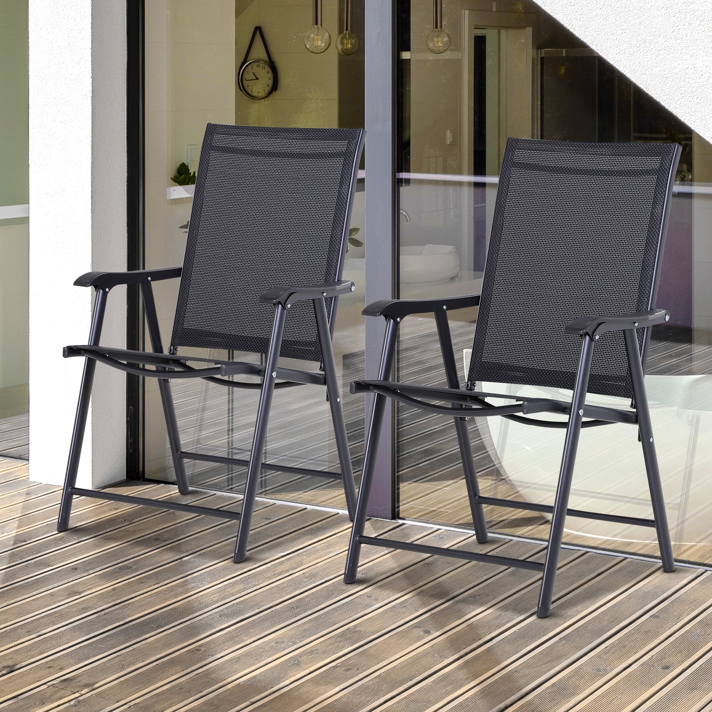 Outsunny Set of 2 Foldable Texteline Garden Chairs Steel Frame Outdoor Patio Park Convenient Seat Yard Furniture Black | Aosom Canada
