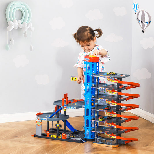 Qaba 7-Level Car Parking Garage Toy Toddler Car Games w/ Cars & Helicopter Elevator Gas Station Car Repair Station for 3-6 Years Old | Aosom Canada
