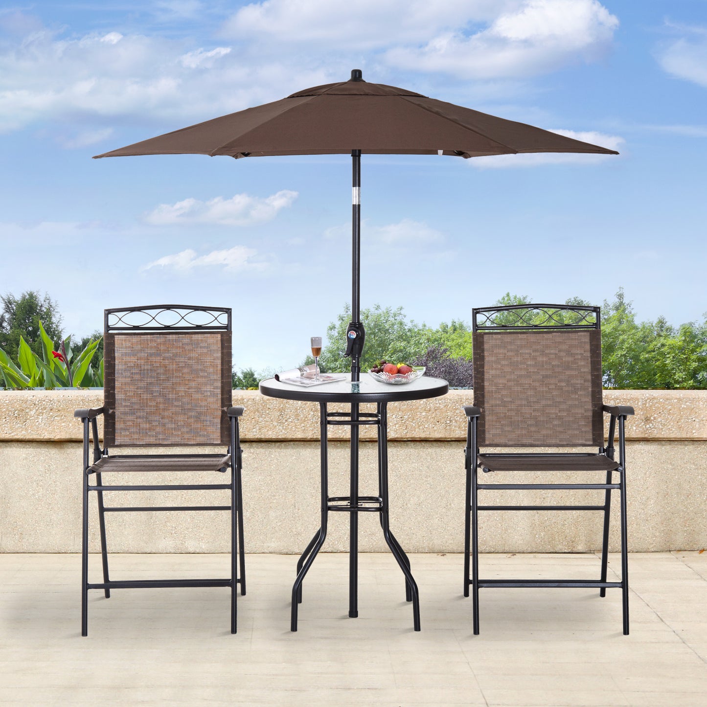Outsunny 4pcs Sling Folding Patio Dining Set Outdoor Furniture Garden Table Set Umbrella Brown | Aosom Canada