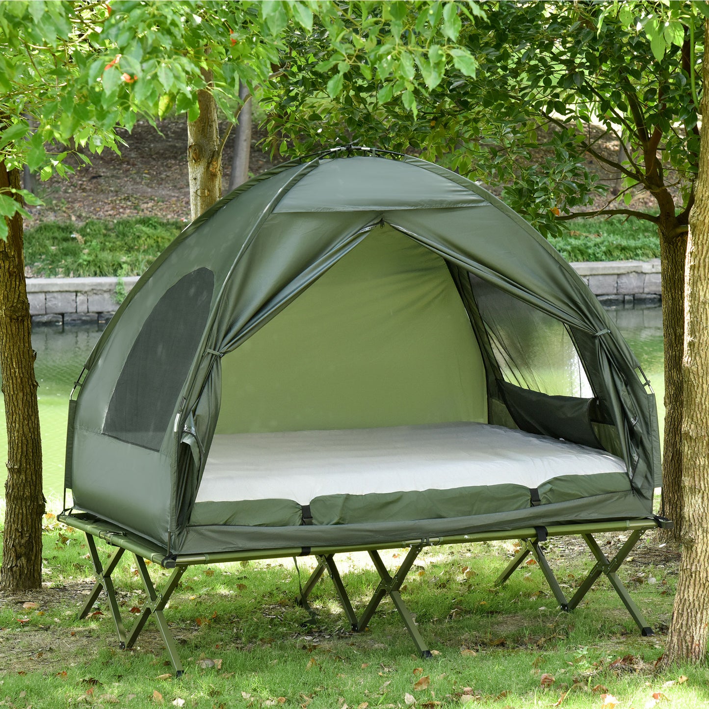 Outsunny All in 1 Camping Combo Portable Folding Camping Tent Cot Air Mattress w/ Carry Bag, Dark Green | Aosom Canada