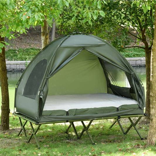 Outsunny All in 1 Camping Combo Portable Folding Camping Tent Cot Air Mattress w/ Carry Bag, Dark Green | Aosom Canada