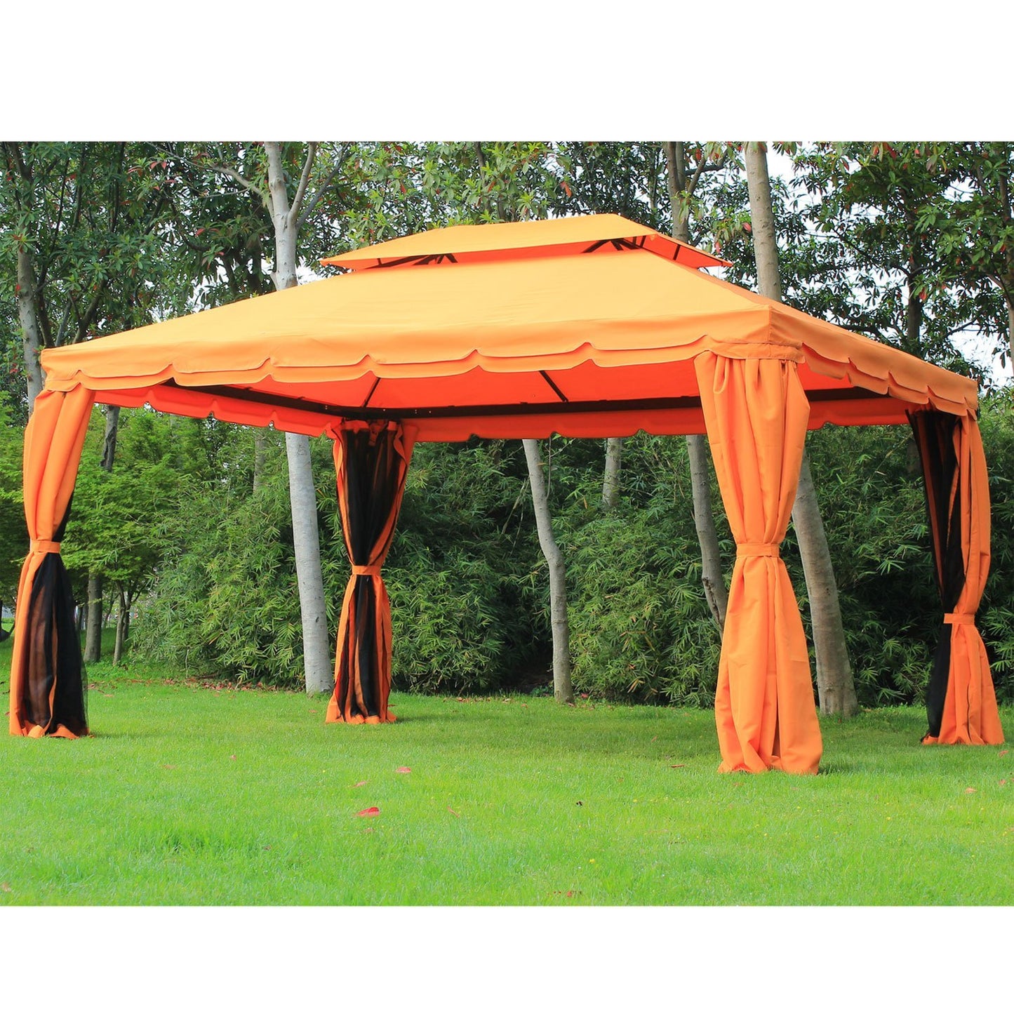 Outsunny 10 x 13ft Aluminum Frame Gazebo Canopy Double Tier Garden Shelter with Netting and Curtains, Orange | Aosom Canada