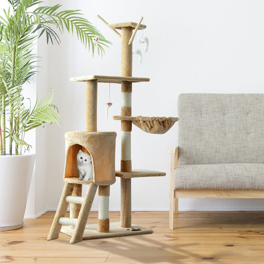 PawHut 52" Multi-Level Cat Tree Kitten Playhouse Kitty Activity Center Scratching Post Rest Condo w/ Hammock Beige | Aosom Canada