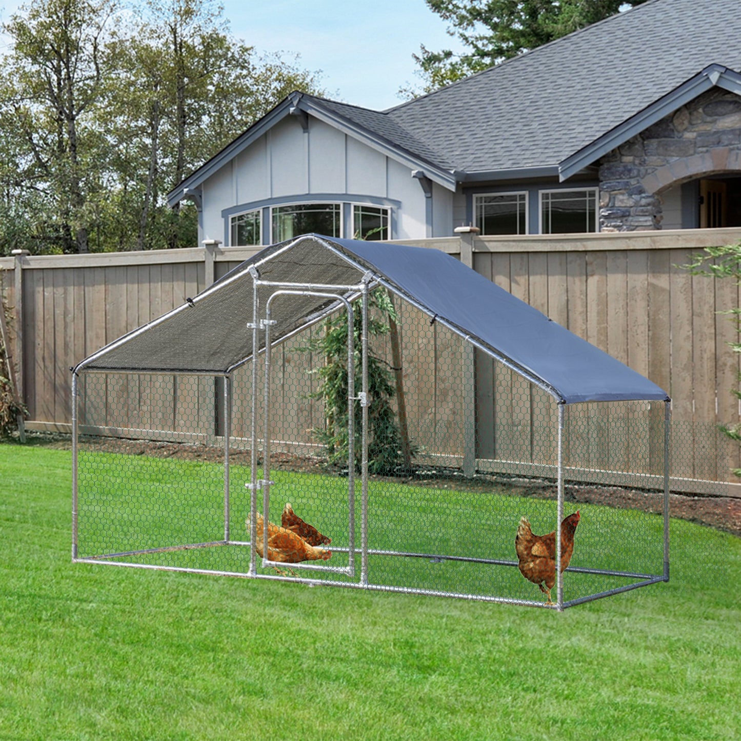 PawHut Galvanized Large Metal Chicken Coop Cage 1 Room Walk-in Enclosure Poultry Hutch UV & Water Resistant Cover 118"x78.75"x76.75" | Aosom Canada