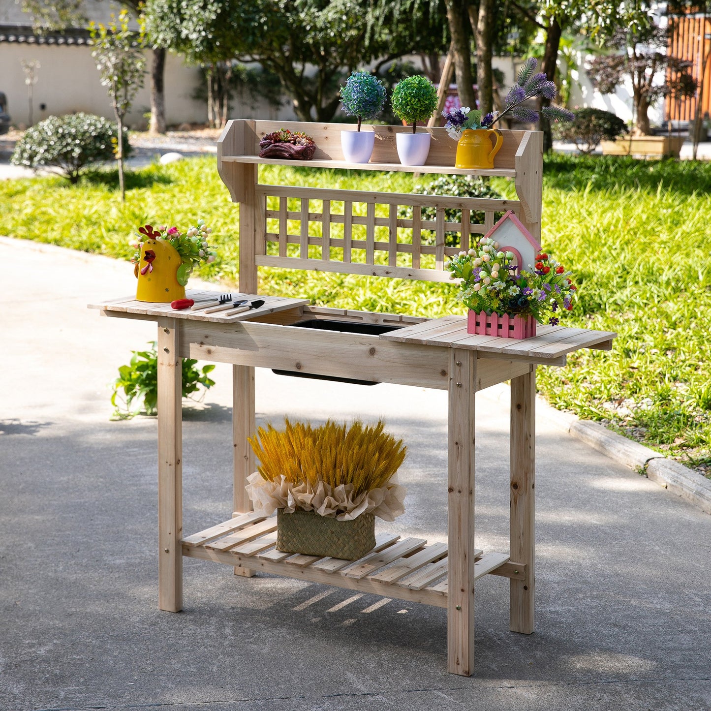 Outsunny 39'' x 18'' x 55'' Wooden Garden Potting Table with Clapboard Plant Work Bench Workstation Outdoor  Natural | Aosom Canada