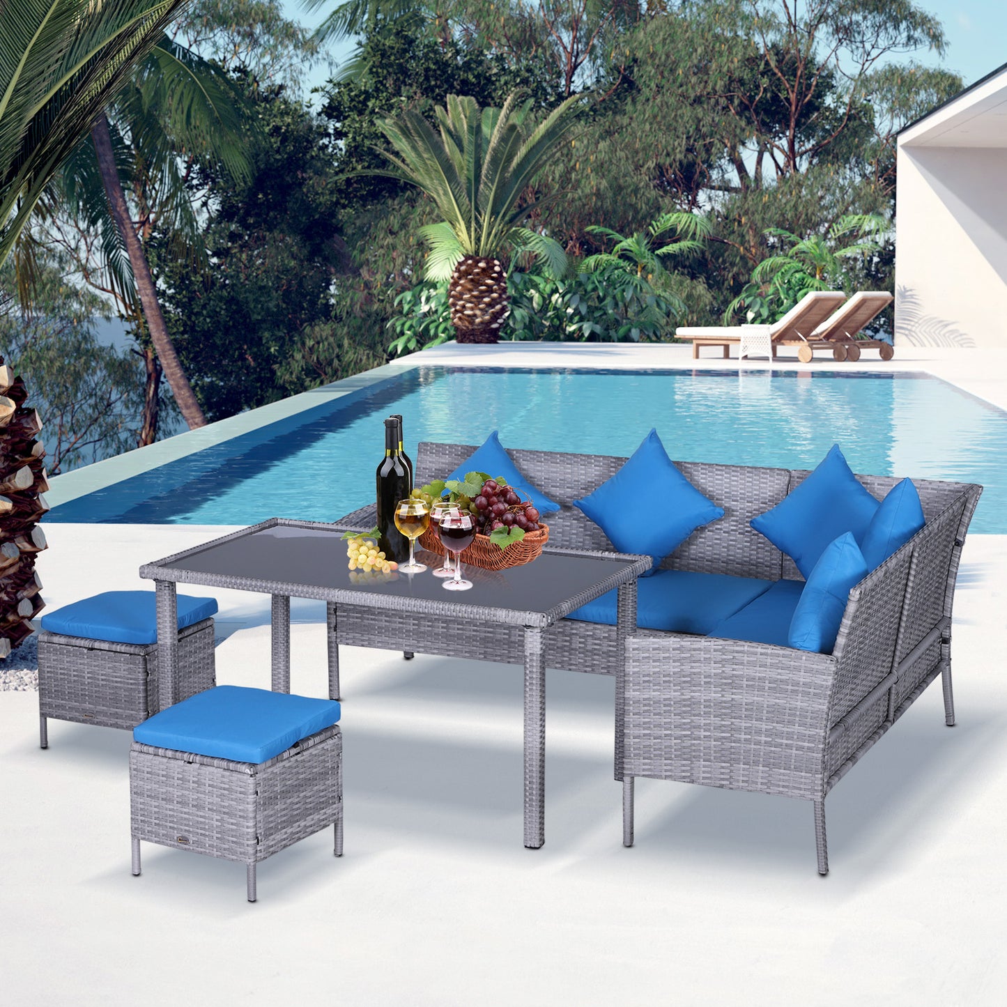 Outsunny 5-Piece Patio PE Rattan Dining Set, Modern Outdoor Wicker Conversation Furniture Sets w/ Wood Grain Plastic Table Top, Blue | Aosom Canada