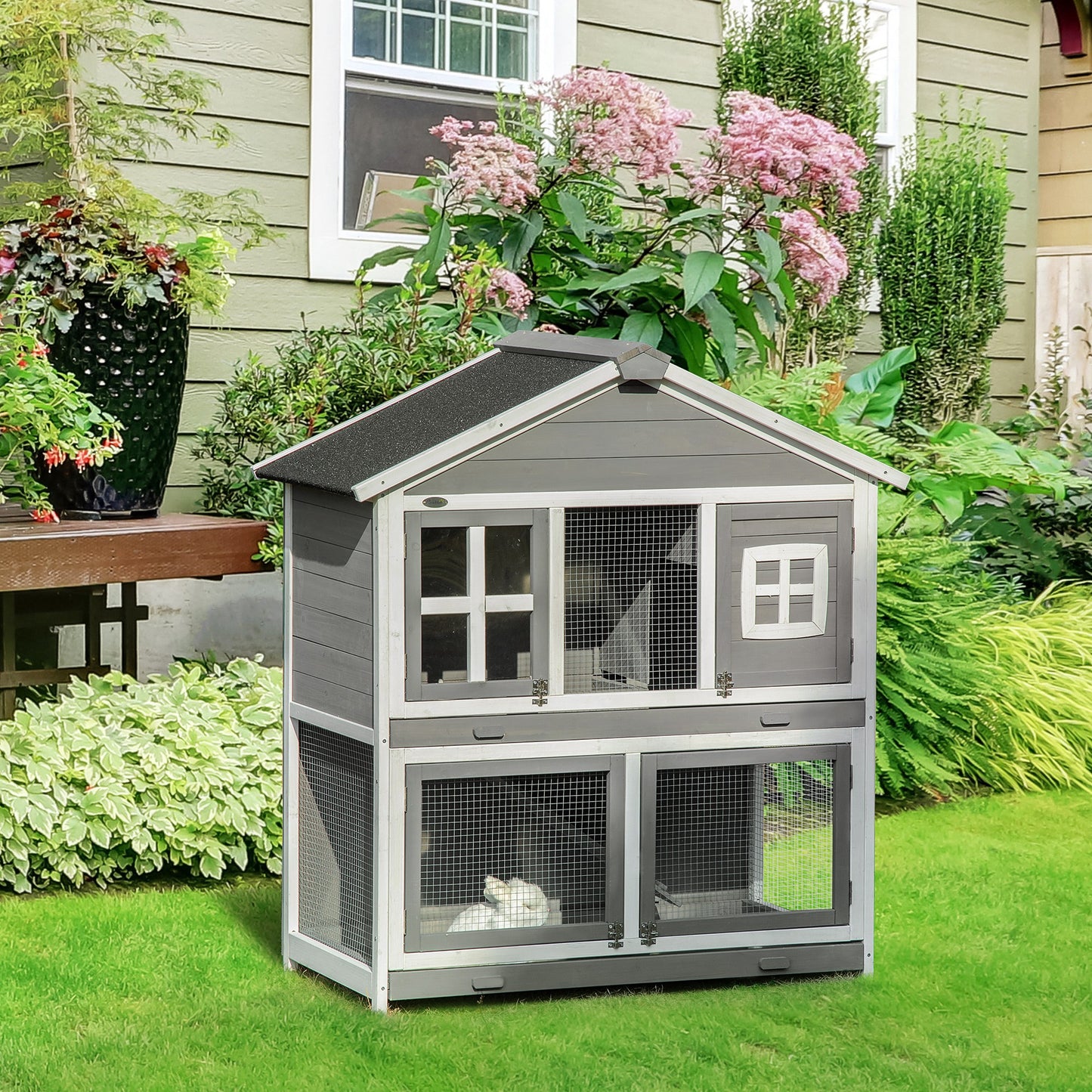 PawHut 49" Wooden Rabbit Hutch 2 Tier Bunny House Pet Playpen Enclosure for Indoor Outdoor with Slide-out Tray, Grey | Aosom Canada