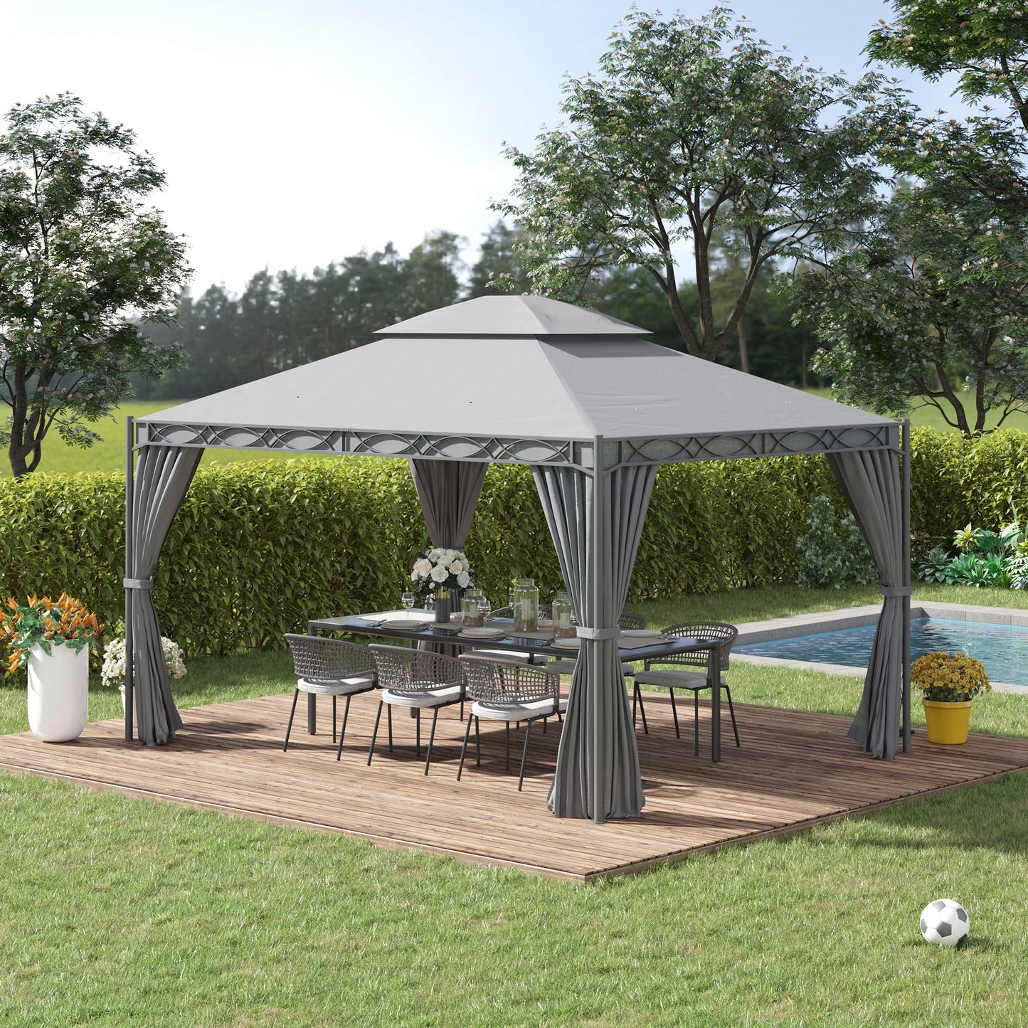 Outsunny 10x13ft Garden Gazebo Double-Tiered with Curtain Outdoor Shelter Backyard Canopy Grey | Aosom Canada