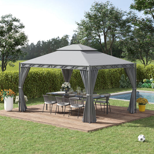 Outsunny 10x13ft Garden Gazebo Double-Tiered with Curtain Outdoor Shelter Backyard Canopy Grey | Aosom Canada