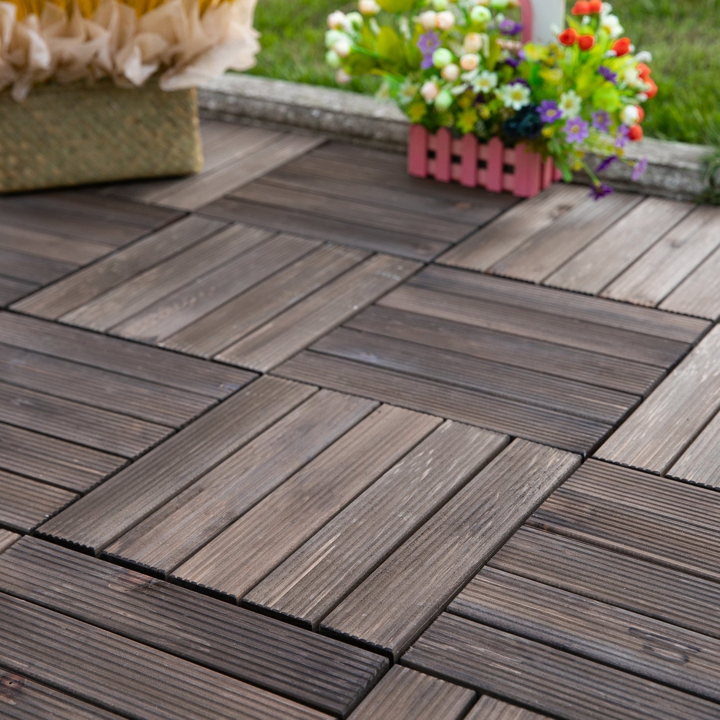 Outsunny 27 Pcs Floor Tiles Interlocking Solid Wood DIY Deck Tiles Indoor Outdoor Flooring, Black | Aosom Canada