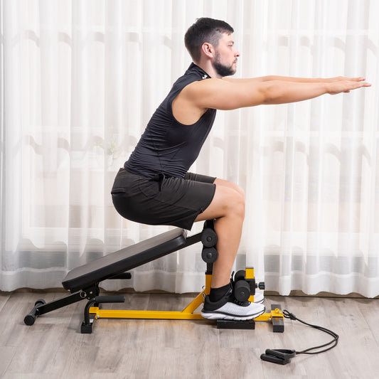 Soozier 3-in-1 Squat Machine w/ Resistance Bands, Adjustable Padded Bench & Leg Exerciser, Squats, Push Up, Sit Up, Yellow | Aosom Canada