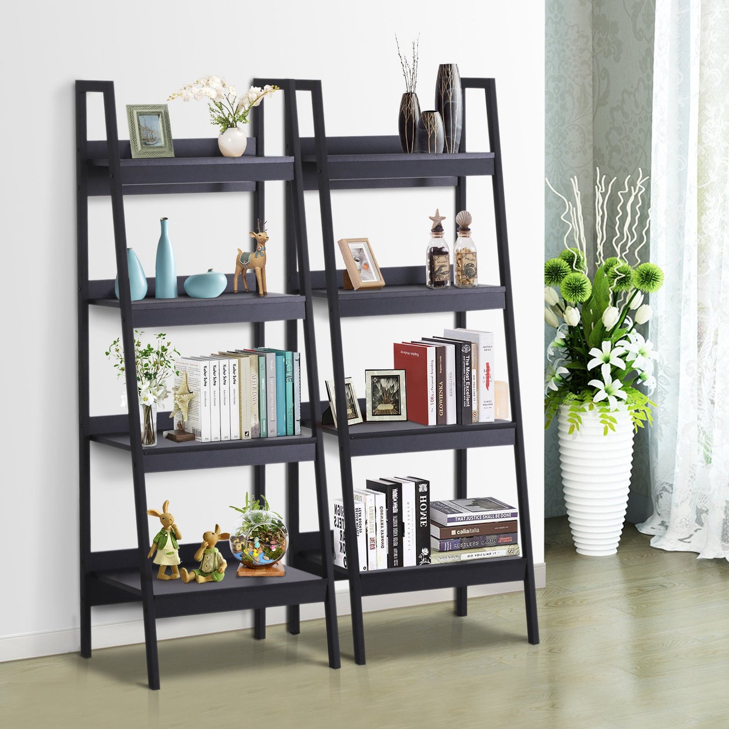 HOMCOM Set of 2 4 Tier Ladder Shelf Bookcase Display Stand Flower Plant Holder Black | Aosom Canada