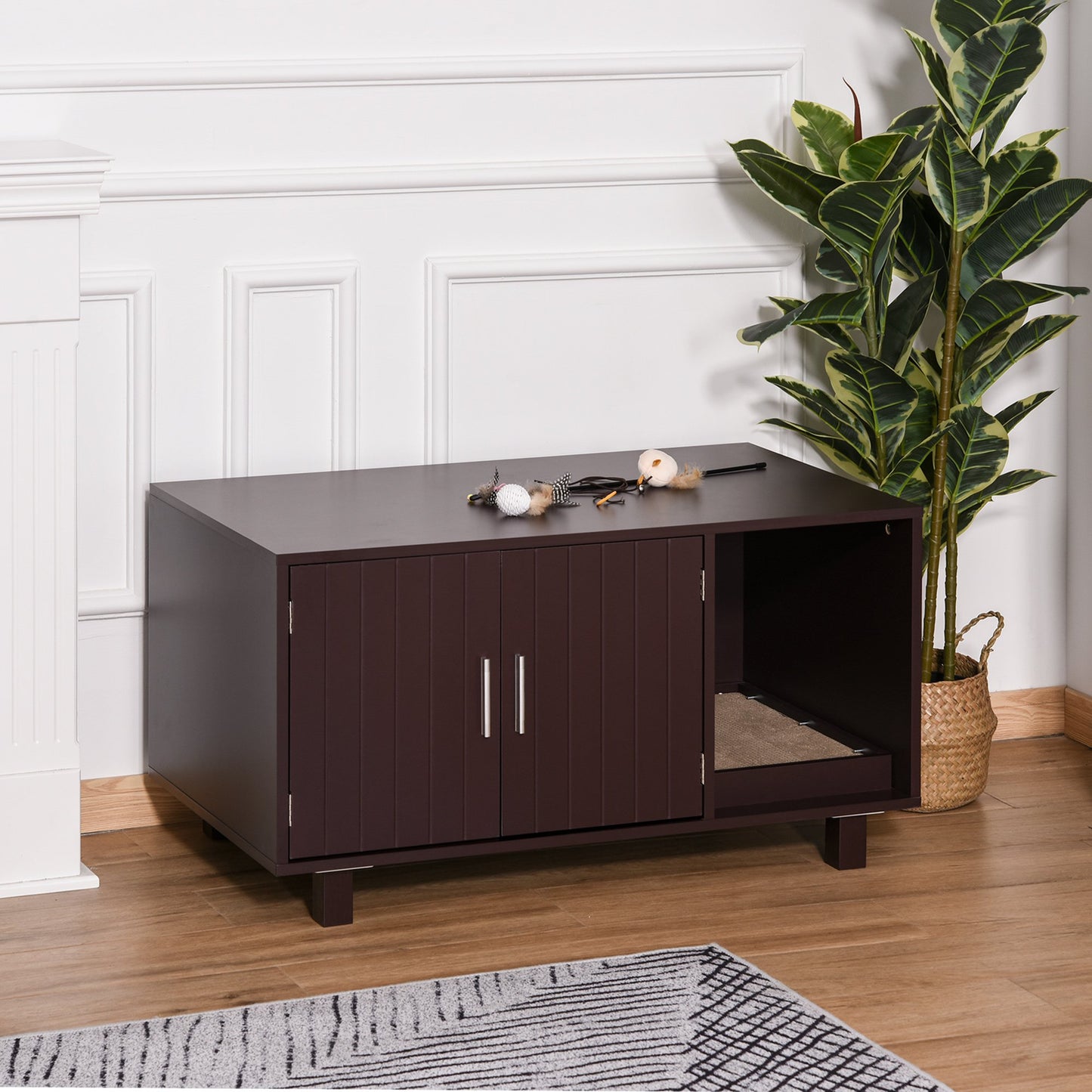 PawHut Wooden Cat Washroom Pet Litter Box Enclosure Kitten House Nightstand End Table with Scratcher Magnetic Doors Brown | Aosom Canada