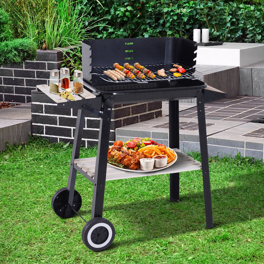 Outsunny Trolley Charcoal BBQ Barbecue Grill Outdoor Patio Garden Heating Smoker with Side Trays Storage Shelf and Wheels | Aosom Canada