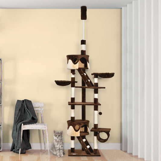 PawHut 94"-102" Huge Cat Scratching Post Cat Tree Canada Cat Tower Ceiling High Cat Condo Activity Center Multi-Level Play House Brown | Aosom Canada