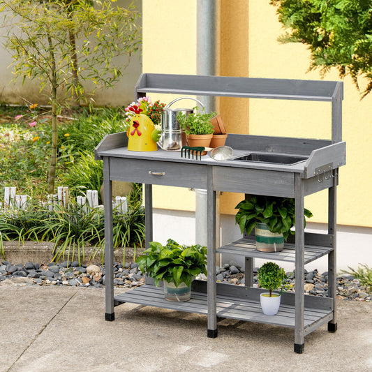 Outsunny Potting Bench Table Garden Work Bench Workstation with Drawer, Removable Sink, Storage Shelves and Hooks | Aosom Canada