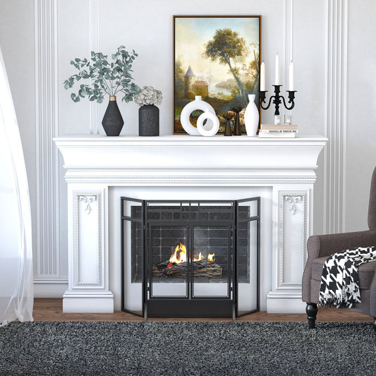 HOMCOM 3-Panel Folding Fireplace Screen with Door, Freestanding Spark Guard, Steel Mesh Fireguard, Black | Aosom Canada