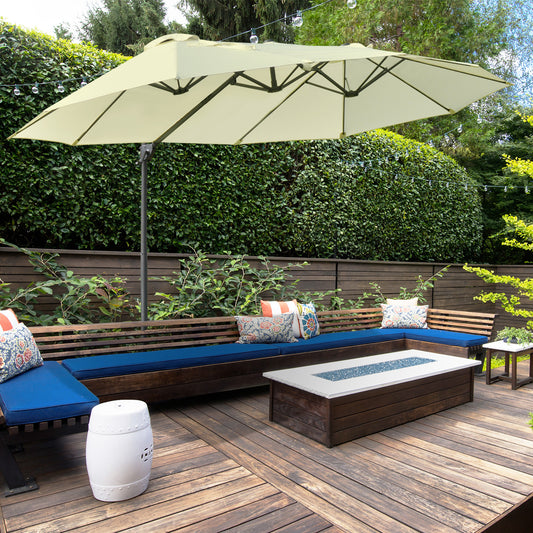 Outsunny Outdoor Patio Umbrella with Twin Canopy Sunshade Umbrella with Lift Crank Beige | Aosom Canada
