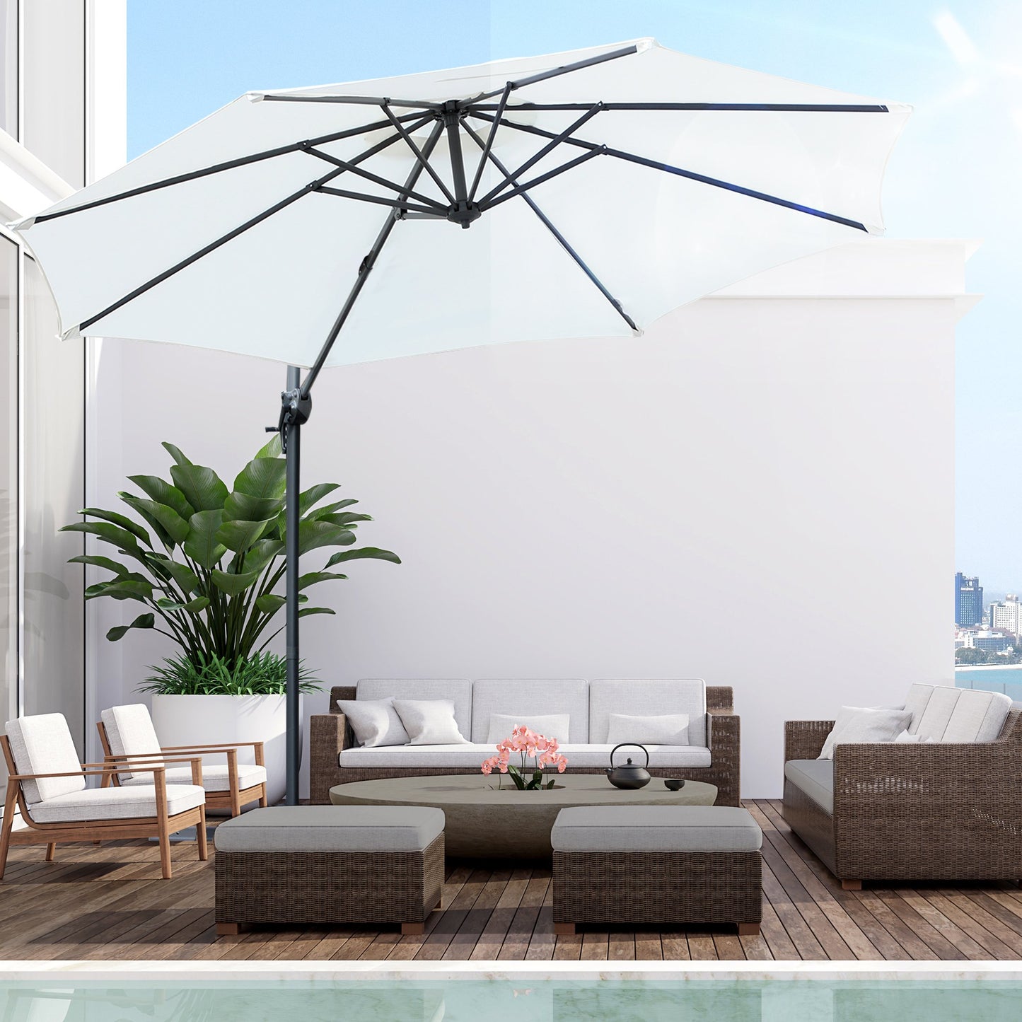 Outsunny Φ9.6' Round Patio Hanging Offset Umbrella Outdoor Cantilever Crank Parasol Garden Sun Canopy Shelter 360° Rotation White | Aosom Canada