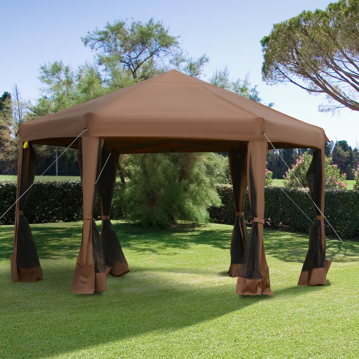 Outsunny 12.5' Pop Up Gazebo Hexagonal Canopy Tent Outdoor Shelter Pavilion Sun Protection with Mesh Sidewalls, Handy Bag, Dark Brown | Aosom Canada