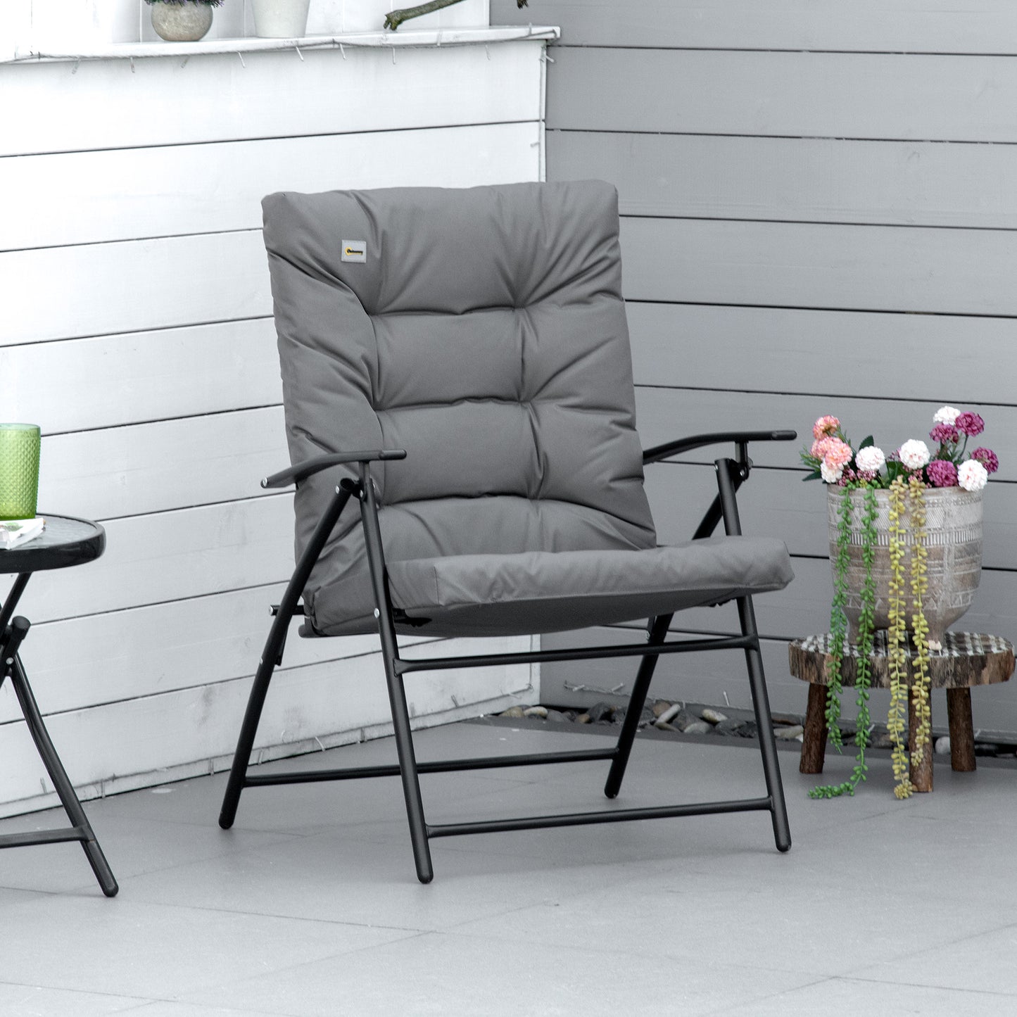 Outsunny Foldable Lounge Chair, Fabric Upholstered Recliner, Outdoor Lounger with Armrest, Metal Frame Camping Beach Chair, Grey | Aosom Canada
